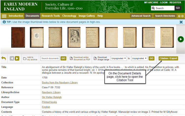 Document Details page and the Citation/Export button