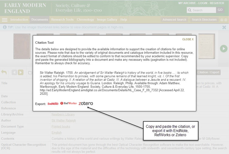 Citation tool open will full citation and export options