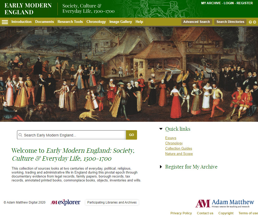 Homepage of Early Modern England showing menu bar and image of Early Modern scene