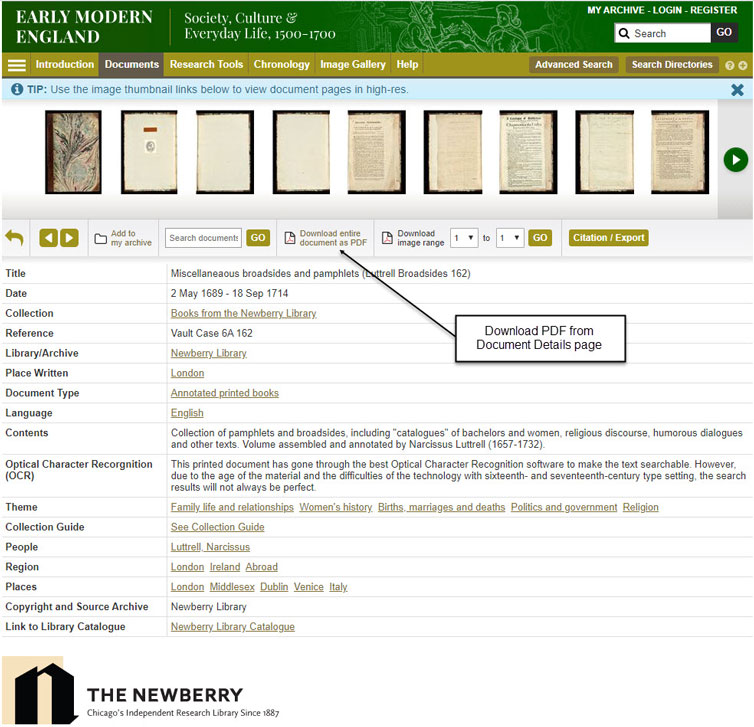 Document Details page showing Download entire document as PDF button beneath thumbnails