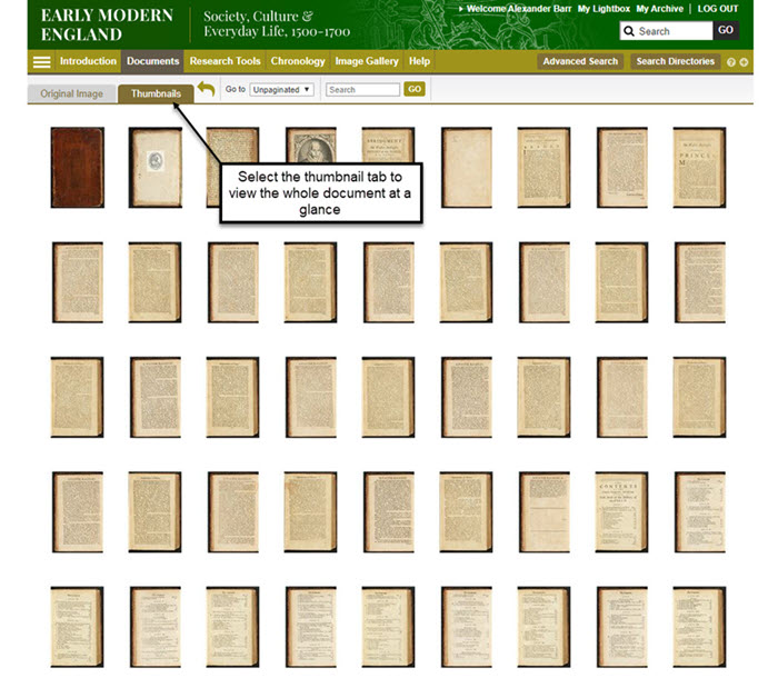 Thumbnails view of a printed document